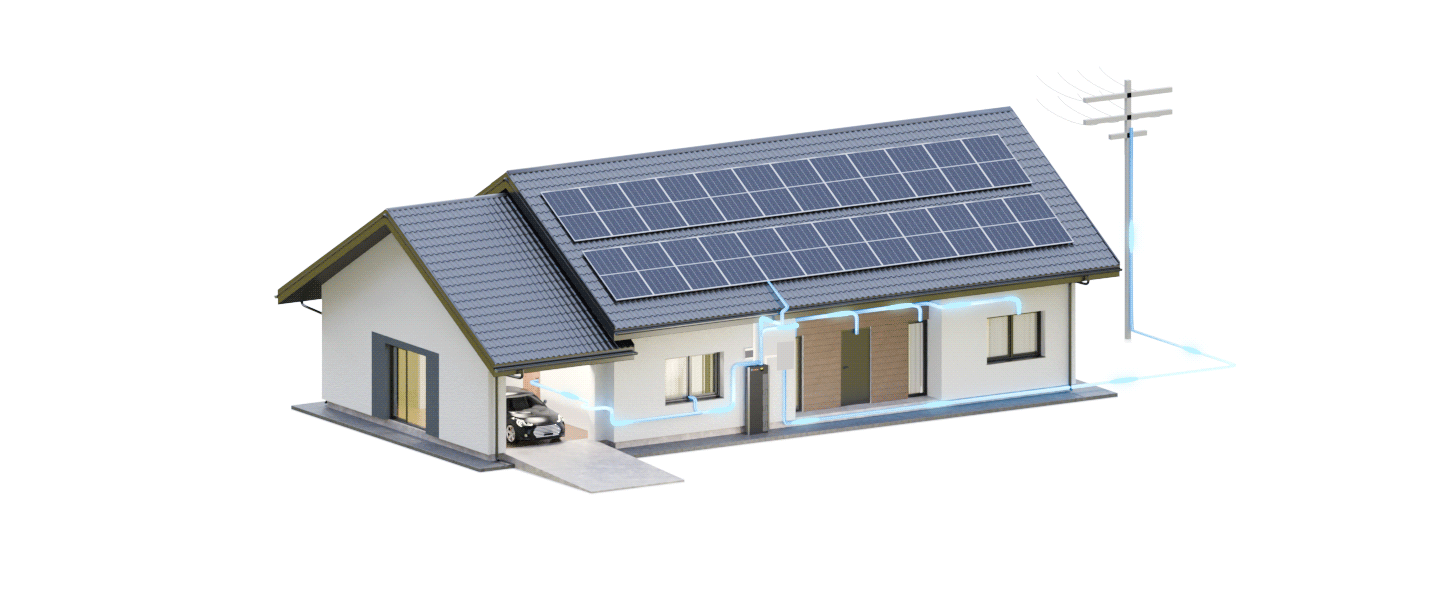 Modern home with rooftop solar panels and battery storage system showing complete residential solar installation